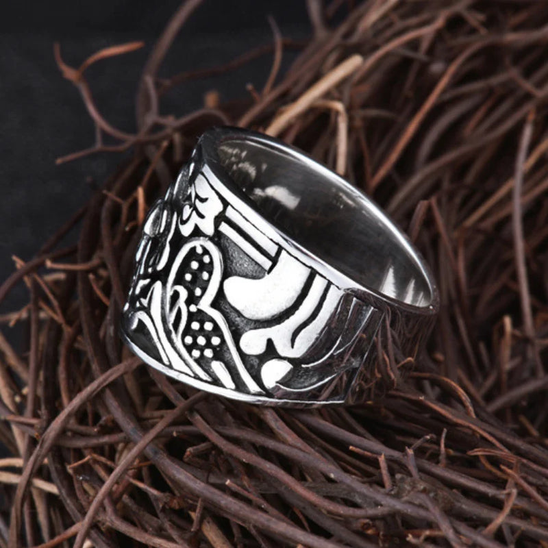 Sterling Silver Carved Flower Wide Ring Band for Men