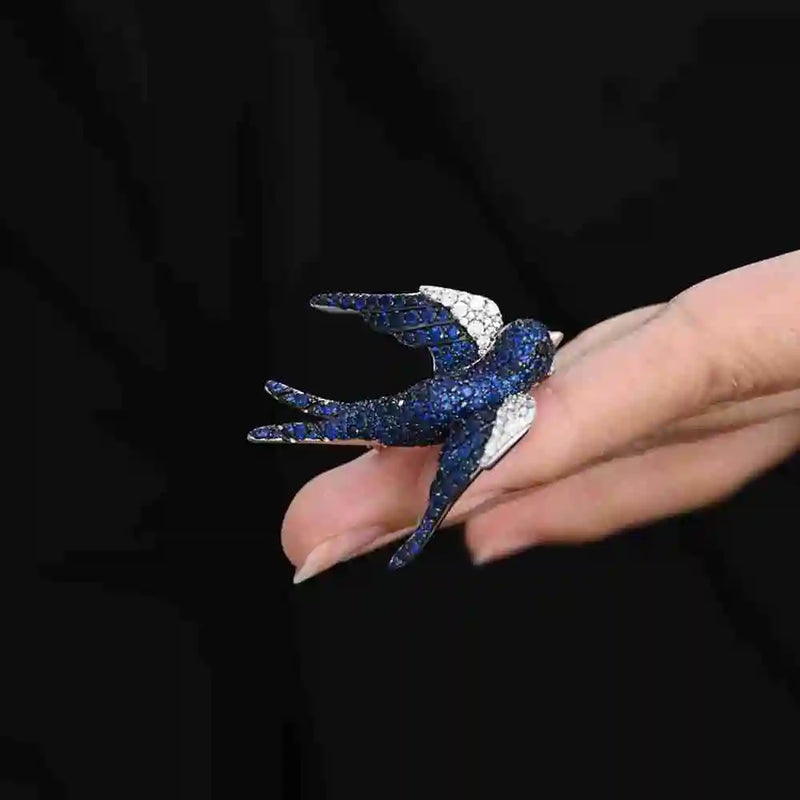 Sterling Silver Sapphire Created Diamond Bird Brooch for Women