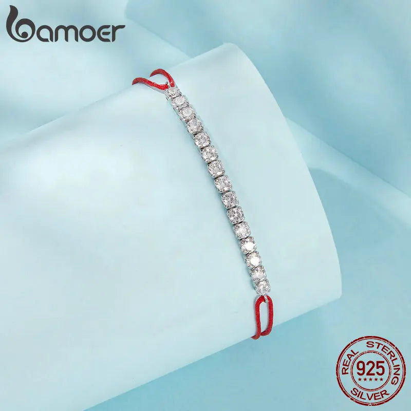 925 Sterling Silver Red Rope Bracelet with Shiny Zircon Accents for Women