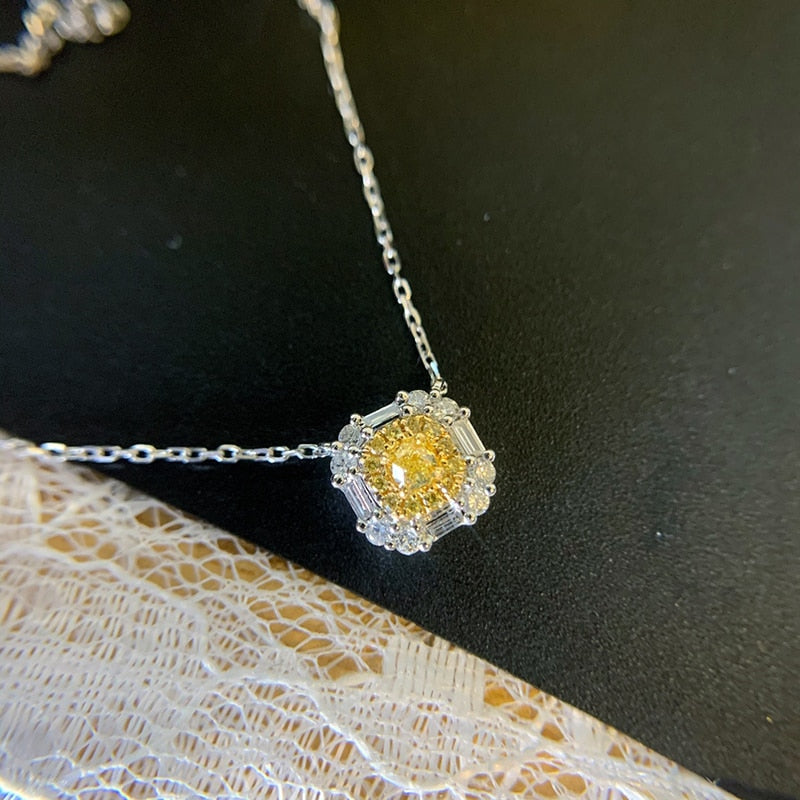 18K White Gold Yellow Diamond Square Pendant Necklace for Women