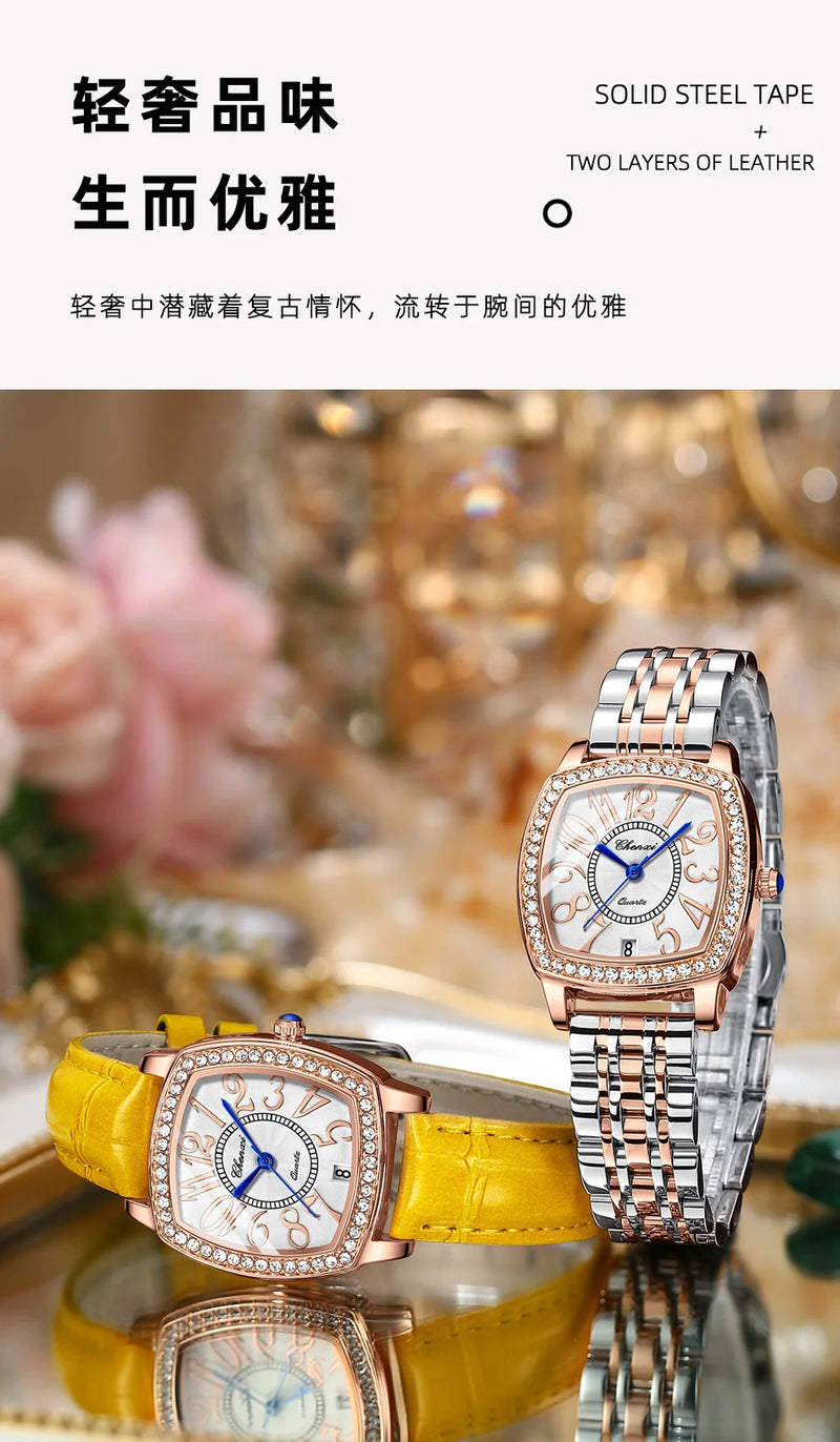 316L Stainless Steel Diamond Leather Watch for Women