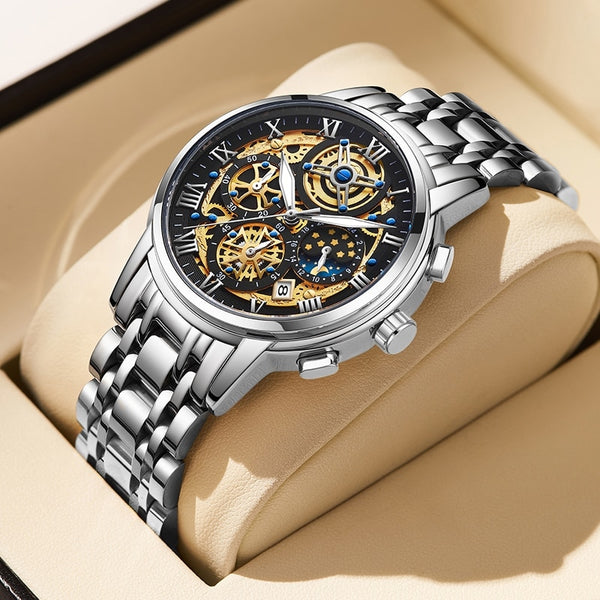 Stainless Steel Quartz Chronograph Sports Watch for Men