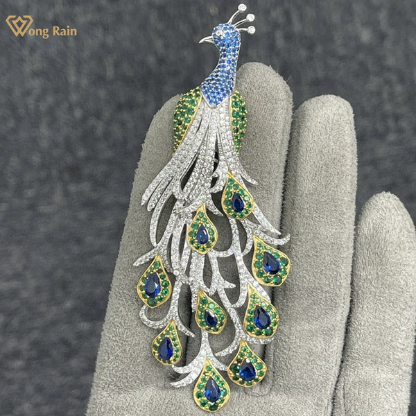Wong Rain 925 Sterling Sliver Peacock Sapphire Emerald High Carbon Diamond Gemstone Brooch Brooches Jewelry Anniversary Gifts