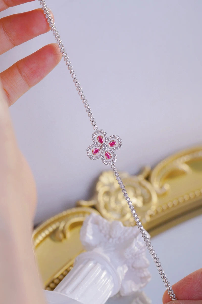 18K White Gold White & Pink Diamond Clover Bracelet for Women