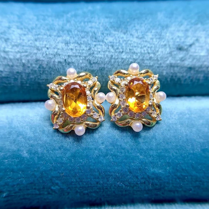 925 Silver Citrine Flower Stud Earrings for Women