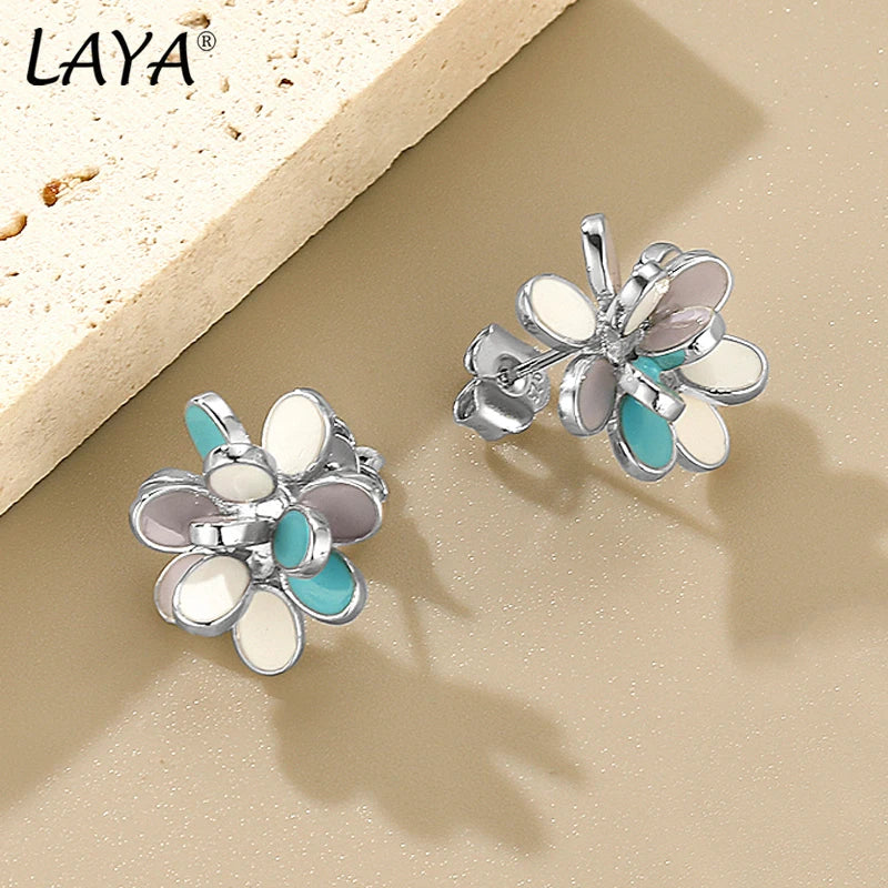 925 Sterling Silver Blue Purple Enamel Flower Stud Earrings for Women