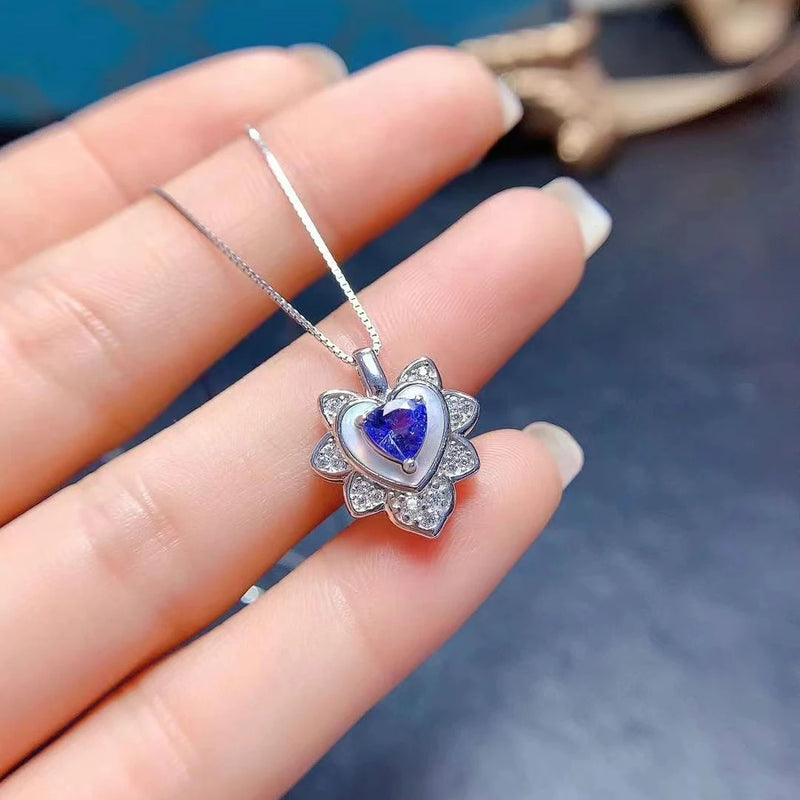 925 Silver Tanzanite/Diopside Heart Pendant Earrings Set for Women