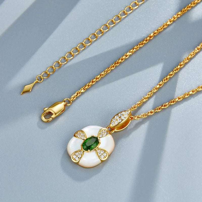 925 Silver Gold Plated Diopside Pendant Necklace with White Shell Zircon for Women