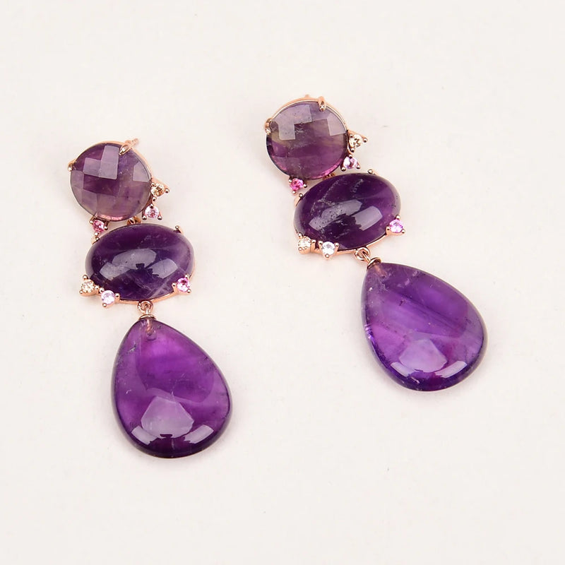 Gold Plated Amethyst Quartz Zircon CZ Teardrop Earrings for Women