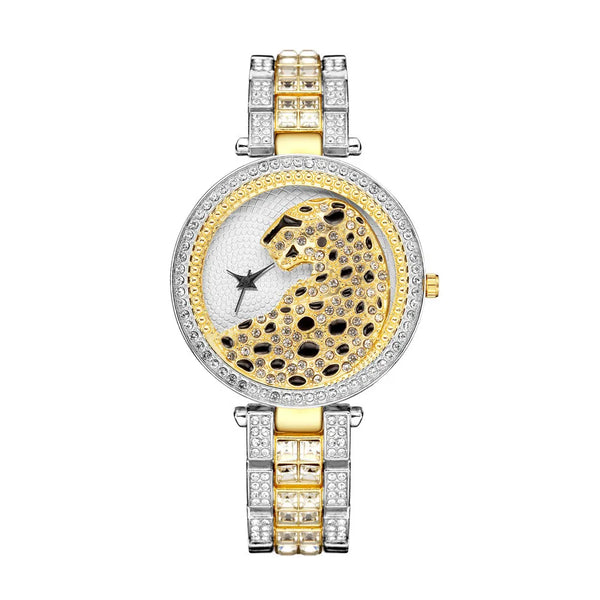 Gold Iced Out Diamond Leopard Print Watch for Women