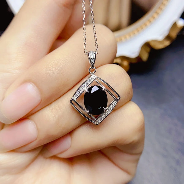 S925 Sterling Silver Inlay 8*10 Natural Black Spinel Pendant Necklace Charm for Women