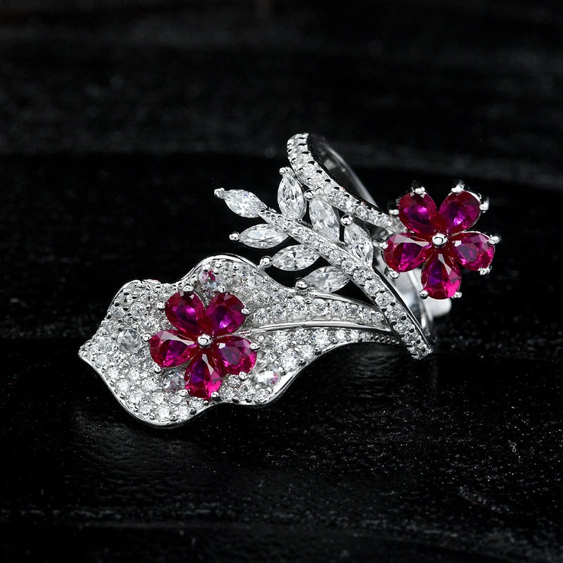 925 Sterling Silver Flower Ruby Diamond Gemstone Ring for Women