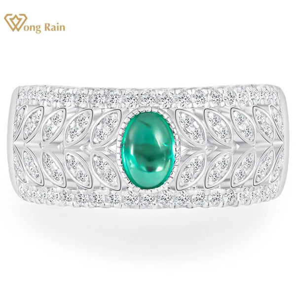 Wong Rain Vintage 100% 925 Sterling Silver 4*6 MM Oval Cut Emerald High Carbon Diamonds Wedding Band Gemstone Ring Fine Jewelry
