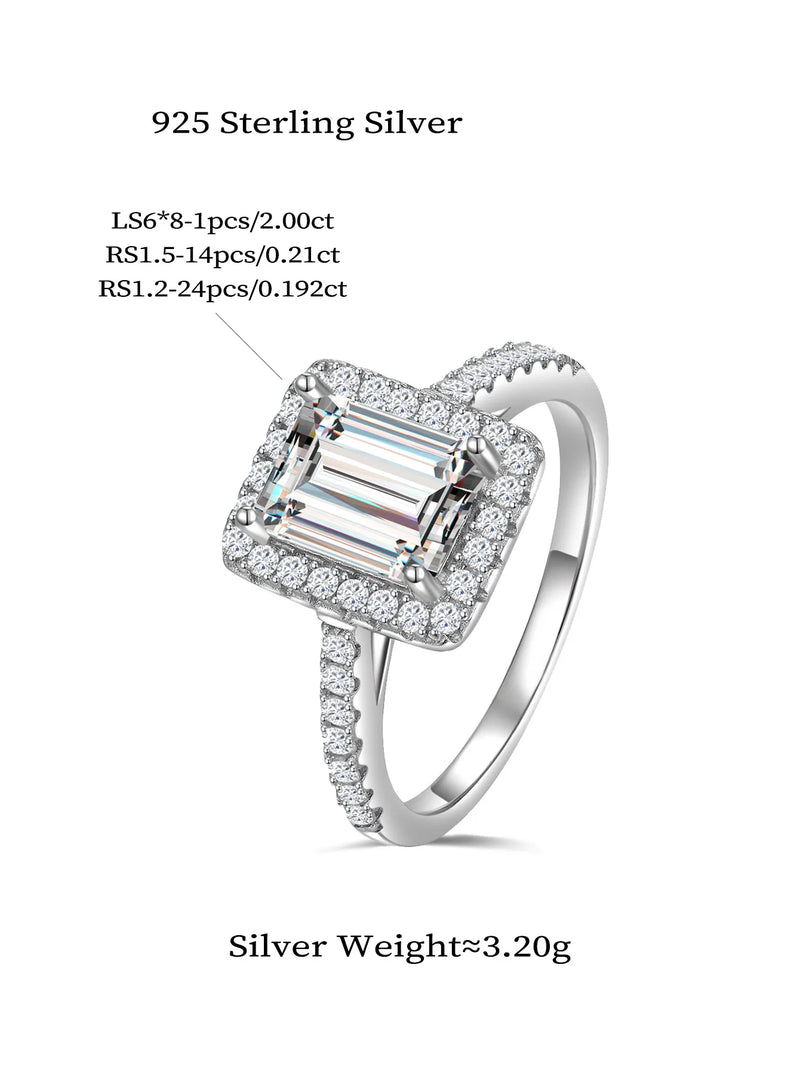 925 Sterling Silver Emerald Cut Moissanite Ring for Women