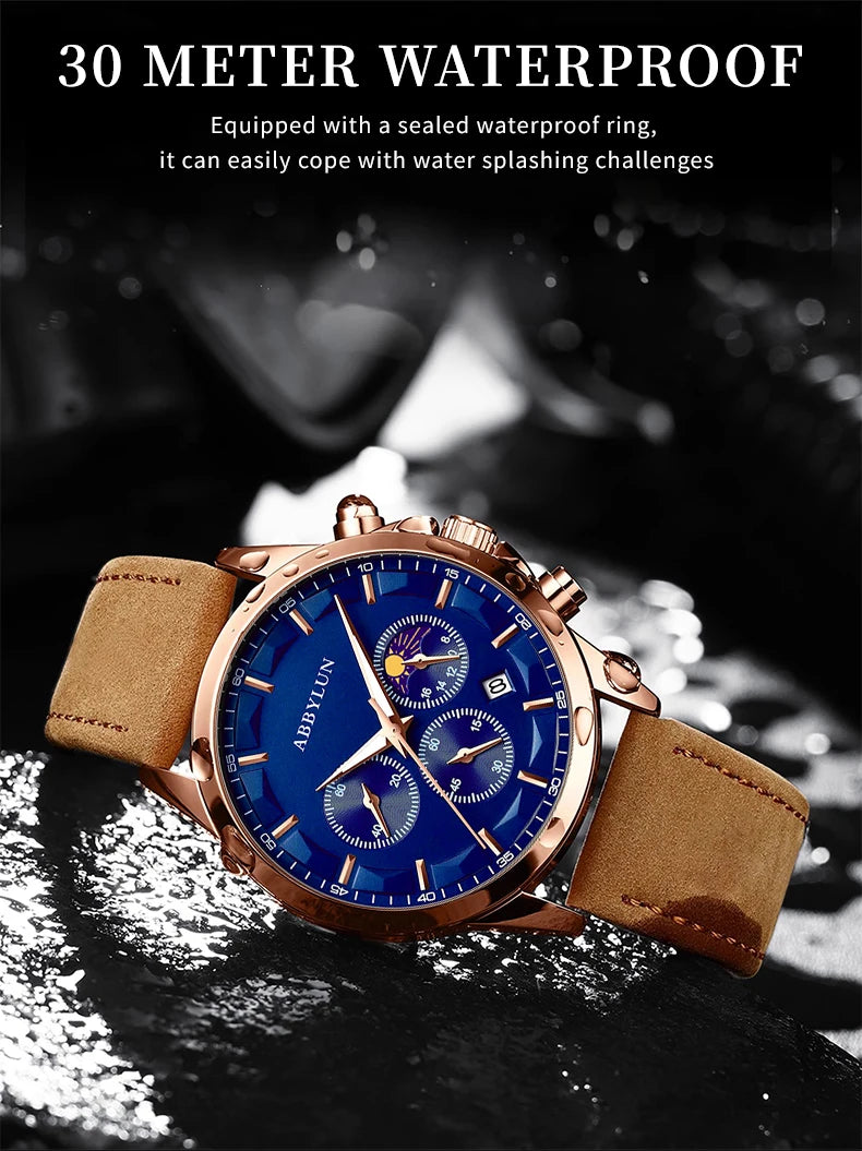 Stainless Steel Leather Luxury Waterproof Date Multifunction Watch for Men