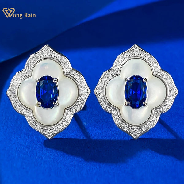 Wong Rain Vintage 100% 925 Sterling Silver Oval Cut 4*6 MM Sapphire Gemstone Ear Studs Earrings for Women Wedding Party Jewelry