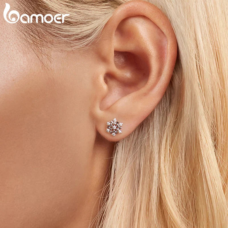 925 Sterling Silver Snowflake Studs with CZ, for Women