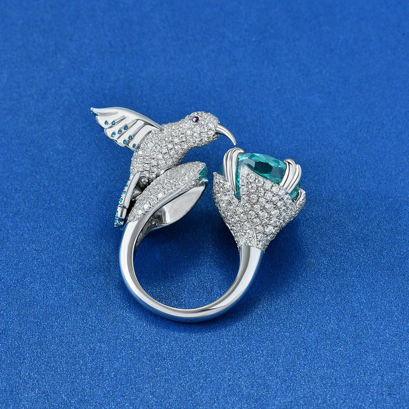 Sterling Silver 6CT Paraiba Tourmaline and Moissanite Hummingbird Ring for Women