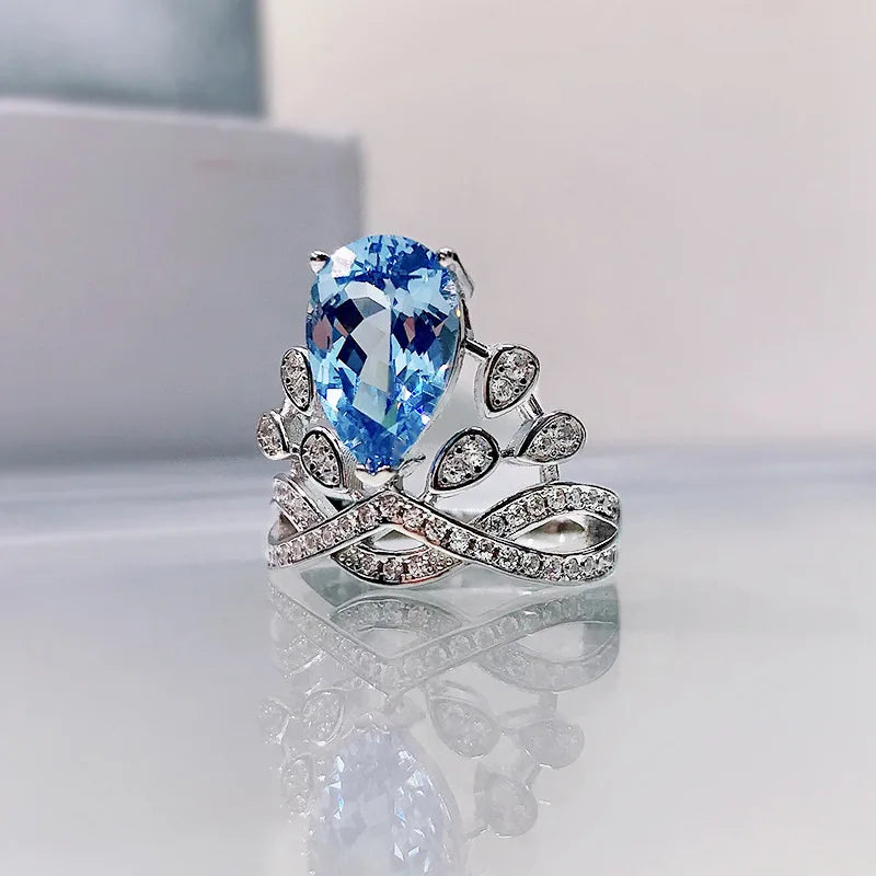 Sterling Silver Blue Topaz Crown Ring for Women