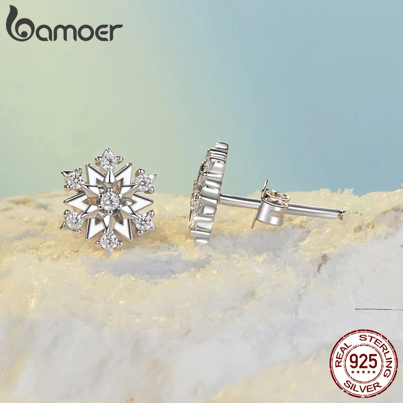 925 Sterling Silver Snowflake Studs with CZ, for Women