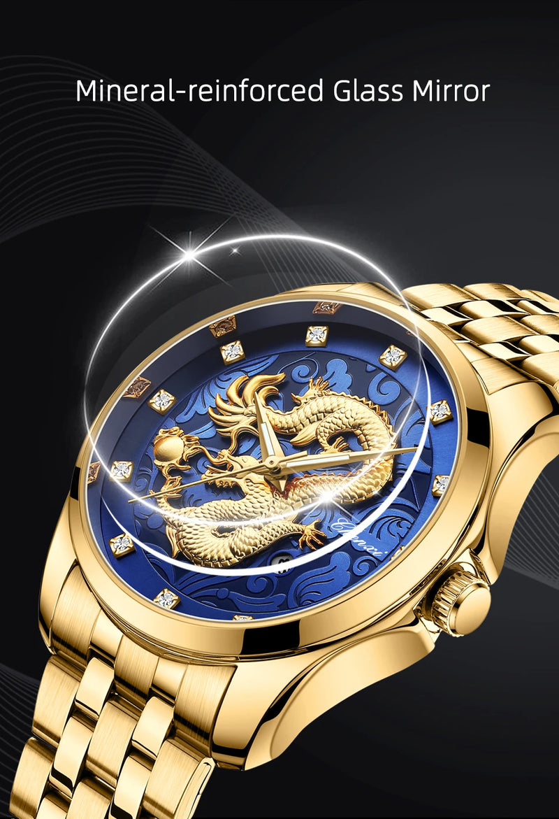 Stainless Steel Dragon Totem Embossed Wrist Watch for Men