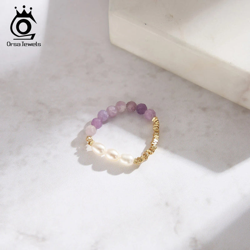 14K Gold Purple Mica and Pearl Finger Ring for Women