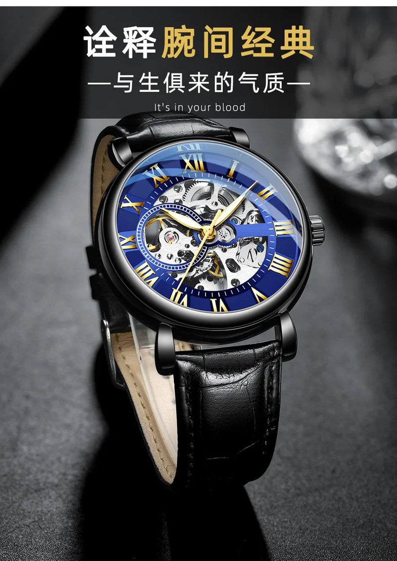 Stainless Steel Skeleton Automatic Luminous Mechanical Watch for Men