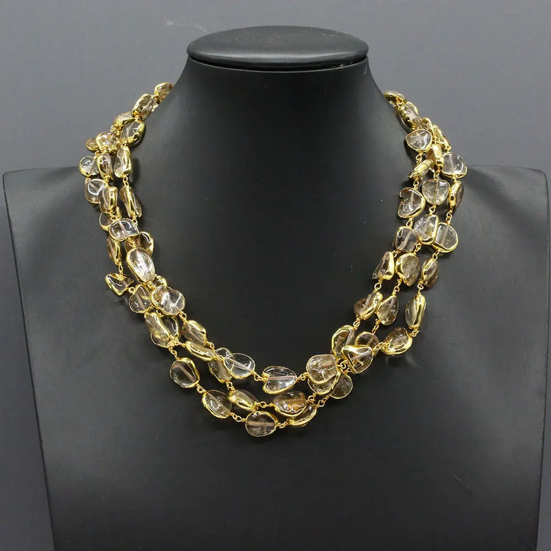 Gold Plated Natural Yellow Citrine Freeform Stone Necklace Earrings Bracelet Set for Women