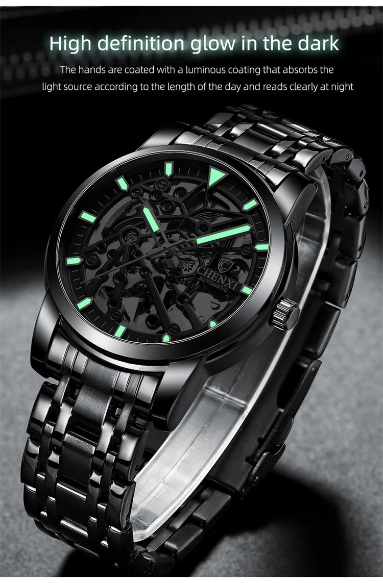 Stainless Steel Hollow Automatic Self-Wind Luminous Mechanical Watch for Men