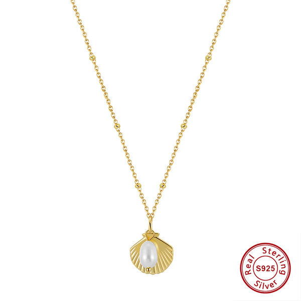 925 Sterling Silver Freshwater Pearl Shell Shape Pendant Necklace