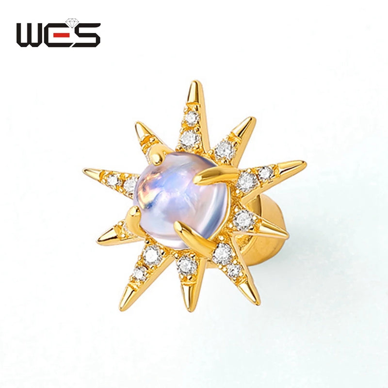 Sterling Silver Blue Moonstone Starburst Stud Earrings for Women