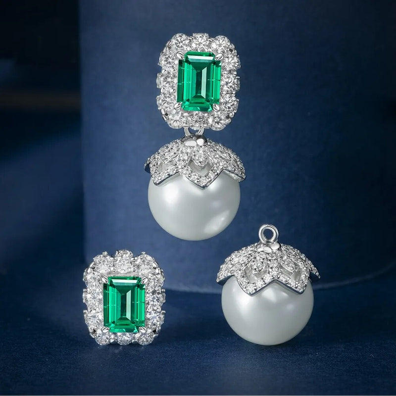 Sterling Silver Emerald Sapphire Gemstone Drop Earrings for Ladies