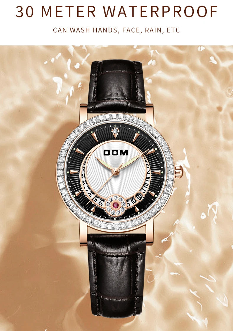 Black Diamond Quartz Leather Watch for Women