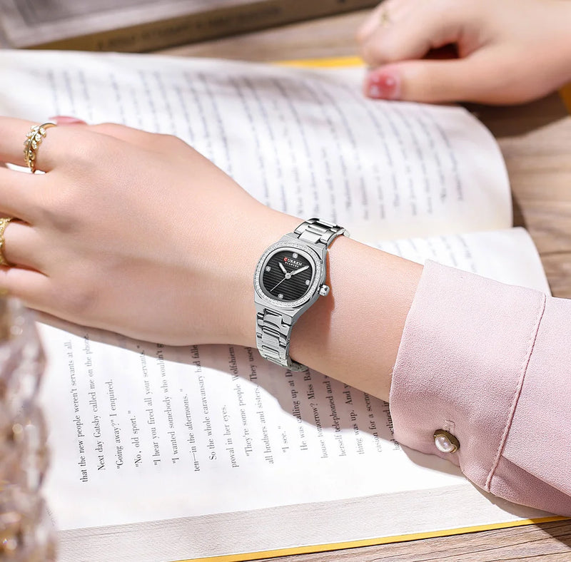 Stainless Steel Quartz Watch with Luminous Hands for Women