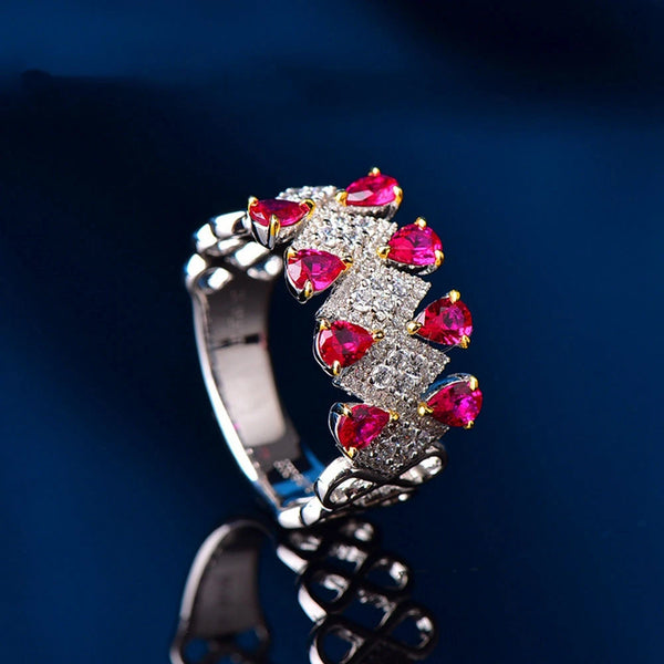 925 Sterling Silver Pear Cut Ruby High Carbon Diamond Gemstone Row Ring for Women