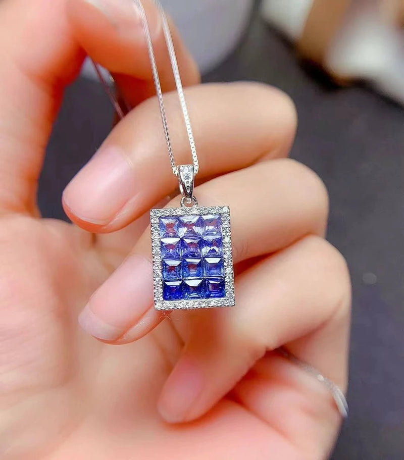 925 Sterling Silver Natural Sapphire Tanzanite Rectangle Pendant Necklace for Women