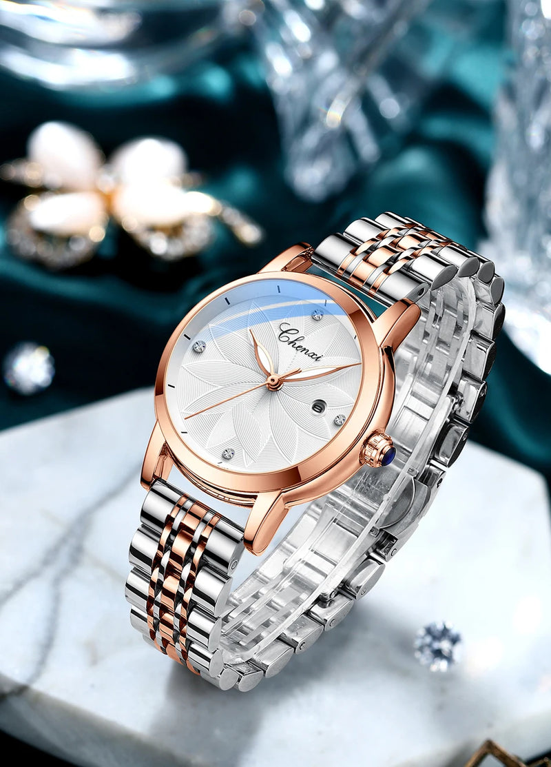 Stainless Steel Quartz Women's Watch with Flower Dial