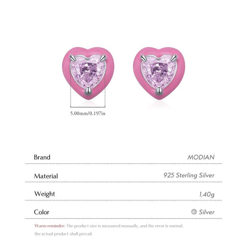 925 Sterling Silver Pink Enamel Heart Crushed Ice Zircon Stud Earrings for Women