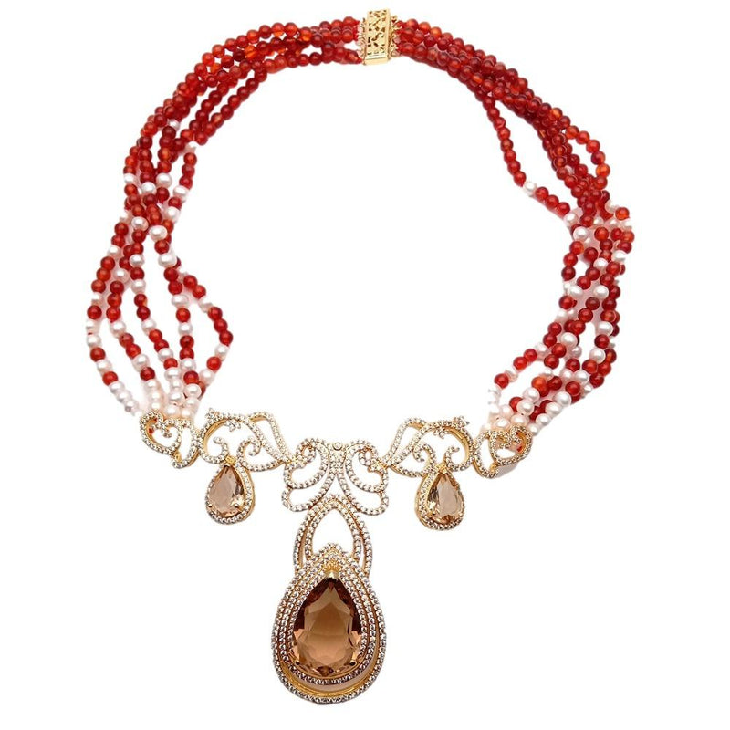 Sterling Silver Cultured White Pearl and Red Agate Statement Necklace with Cubic Zirconia, for Women