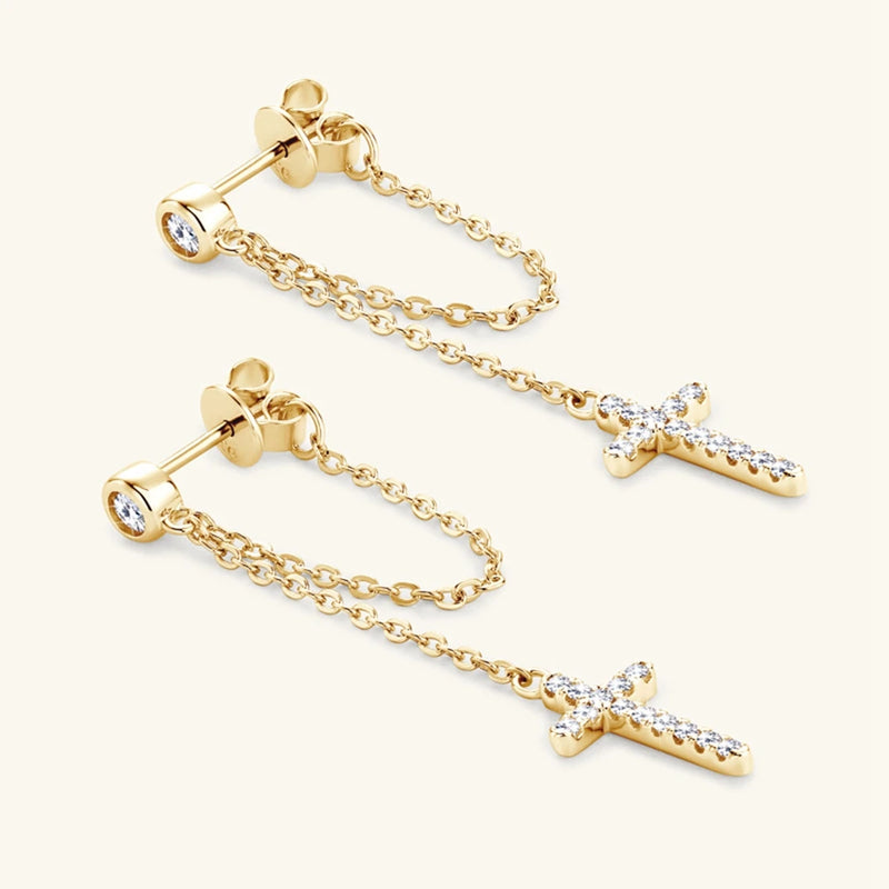 18K Gold Plated Sterling Silver VVS1 3EX Real Moissanite Cross Earrings for Women