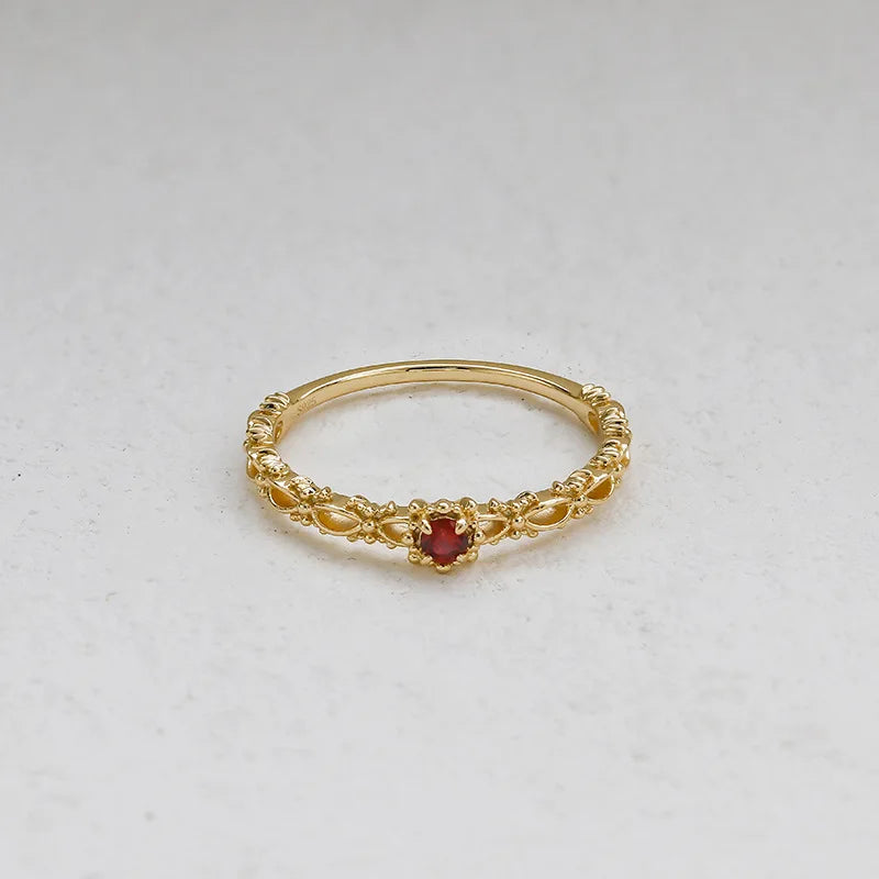 S925 Silver Gold Plated Lab Created Ruby Hollow Out Thin Engagement Ring for Women