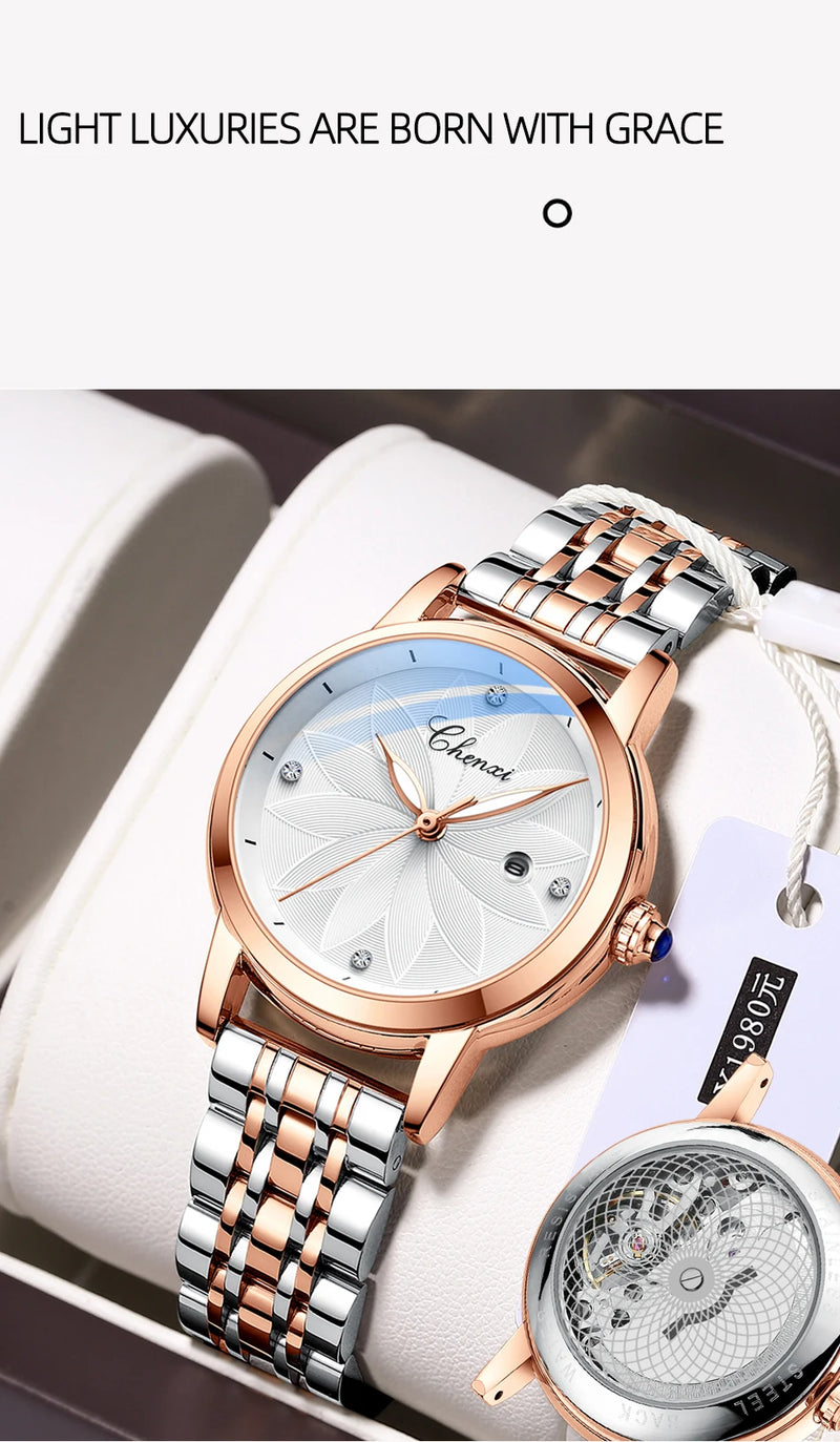 Stainless Steel Quartz Women's Watch with Flower Dial