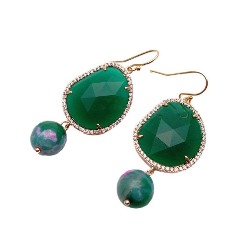 Y.YING Green Crystal Cubic Zirconia Pave Round Agate Dangle Hook Earrings 925 Sterling Silver Hook Plated Hook