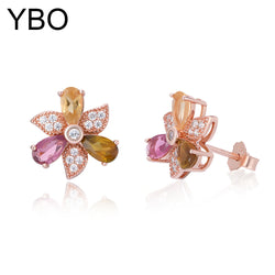 Sterling Silver 925 Natural Tourmaline Floral & Leaf Stud Earrings for Women