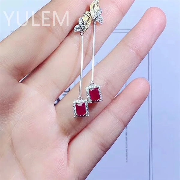 Silver (925) Pigeon Blood Ruby Drop Earrings (4x5mm) for Women