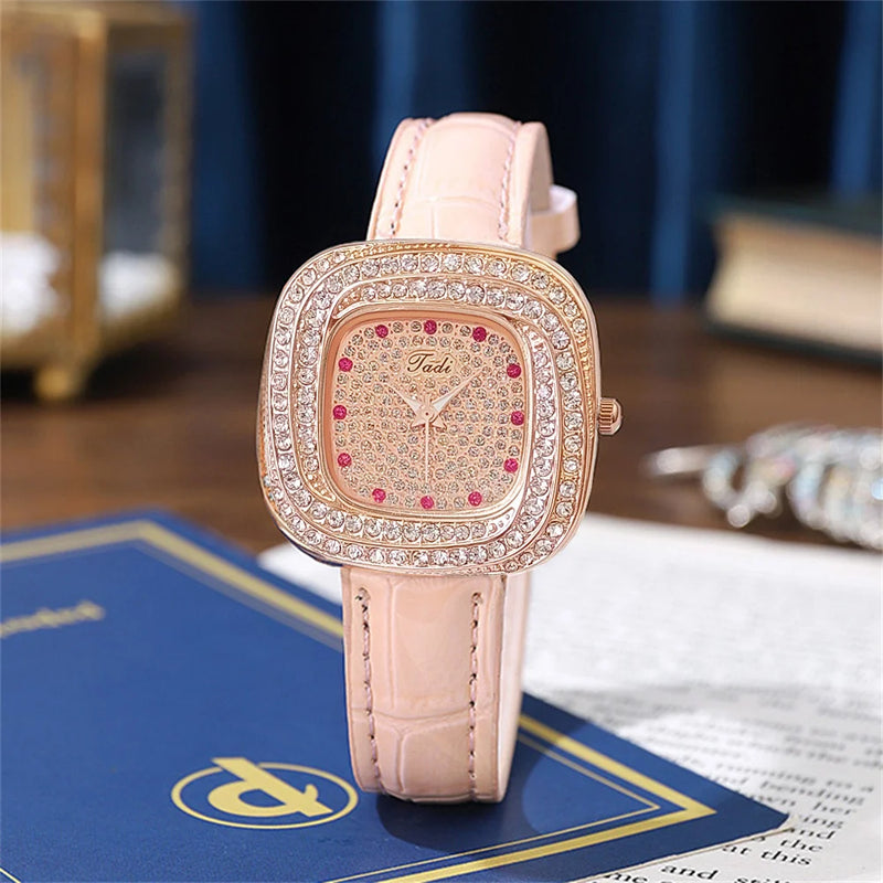 Stainless Steel Full Star Diamonds Square Quartz Watch for Women