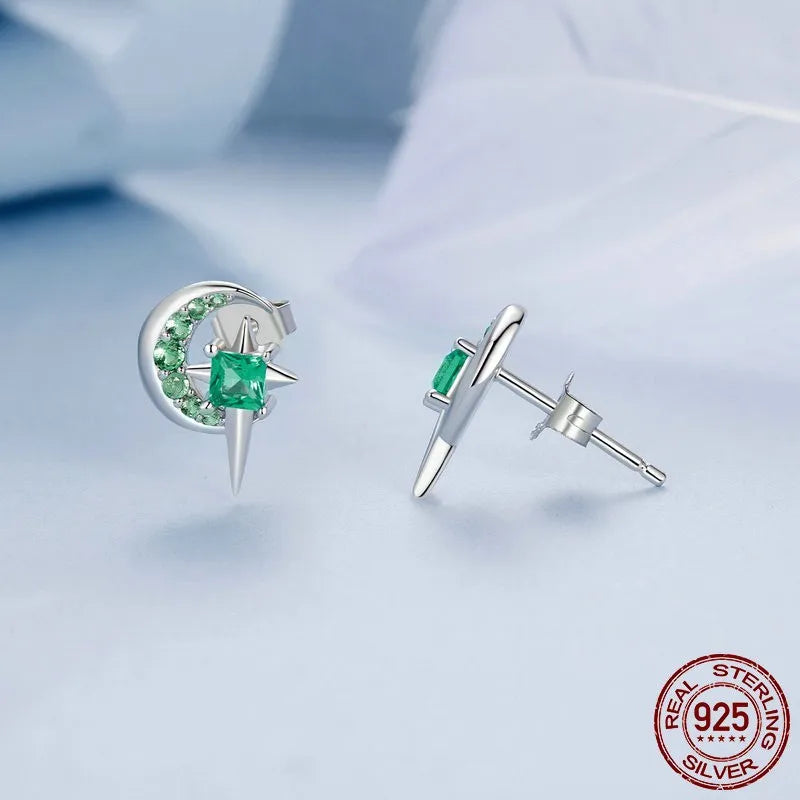 Silver 925 Green Star Moon Stud Earrings for Women