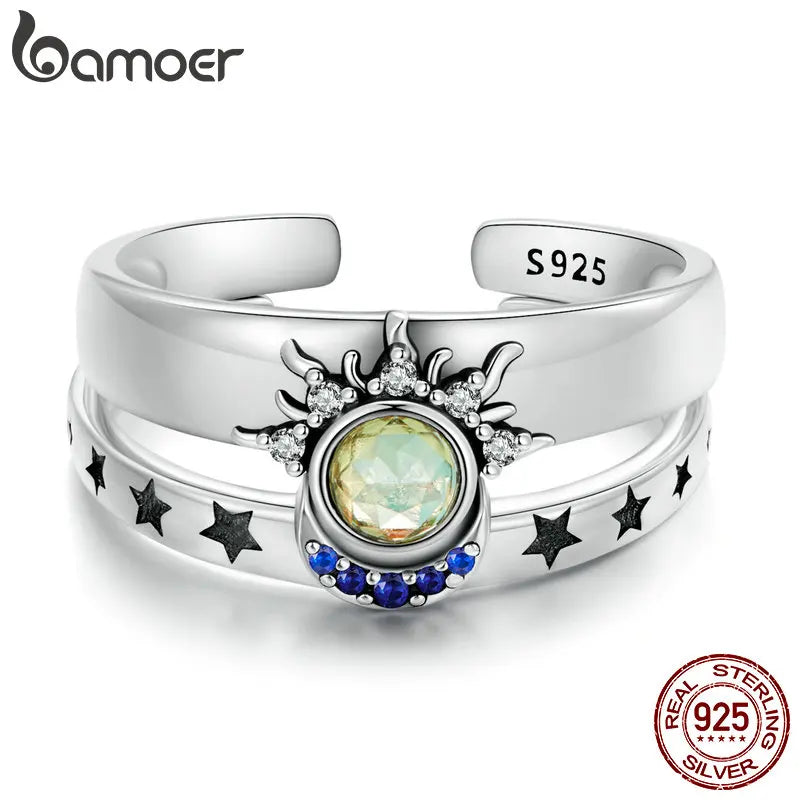 925 Sterling Silver Sun and Moon Stackable Opening Ring for Women