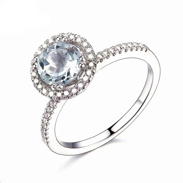 Solid 14K White Gold Aquamarine 6mm Round Engagement Ring for Women