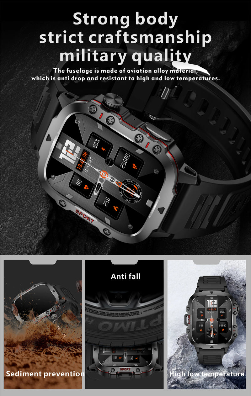 Rugged Military-Style Fitness Smart Watch for Android & IOS, Featuring 3ATM Waterproofing, Sport Functionality, and AI Voice Calling - Ideal for Outdoor Adventures